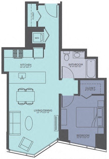 Floor plan for 1 bed, 1 bath, 751 sqft